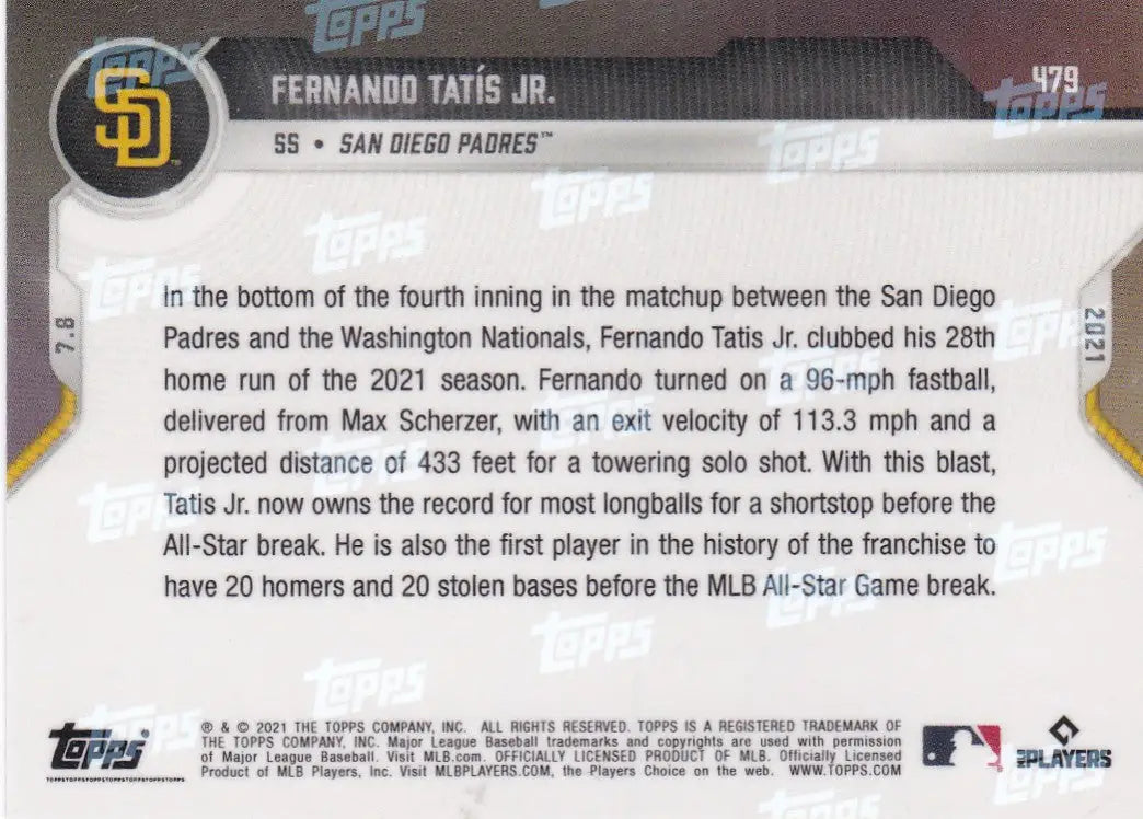 Back of 2021 Topps Now #479 Fernando Tatis Jr. baseball card for San Diego Padres