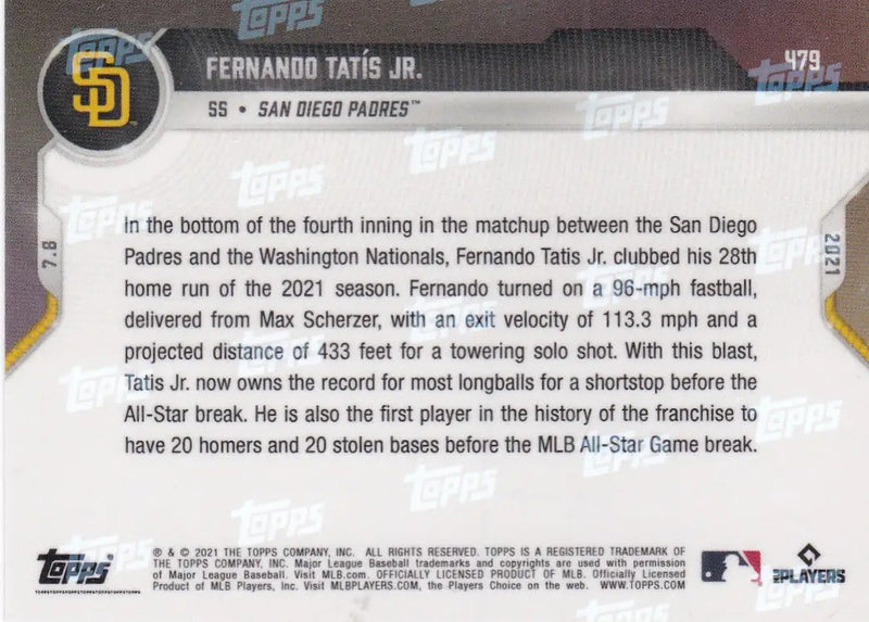 Back of 2021 Topps Now #479 Fernando Tatis Jr. baseball card for San Diego Padres