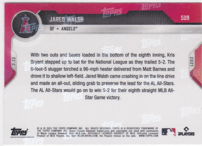 Back of the 2021 Topps Now #509 Jared Walsh- Angels baseball card