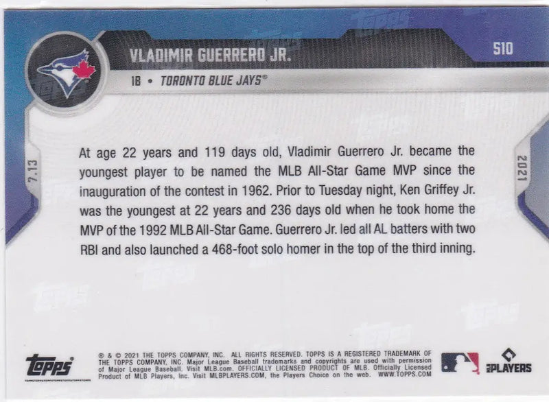 Vladimir Guerrero Jr. 2021 Topps Now #510 card featuring Toronto Blue Jays highlights