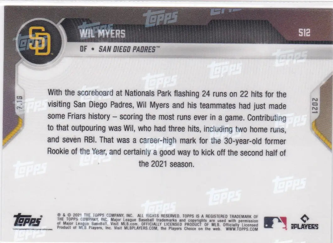 Baseball card back for 2021 Topps Now #512 Wil Myers San Diego Padres collectible