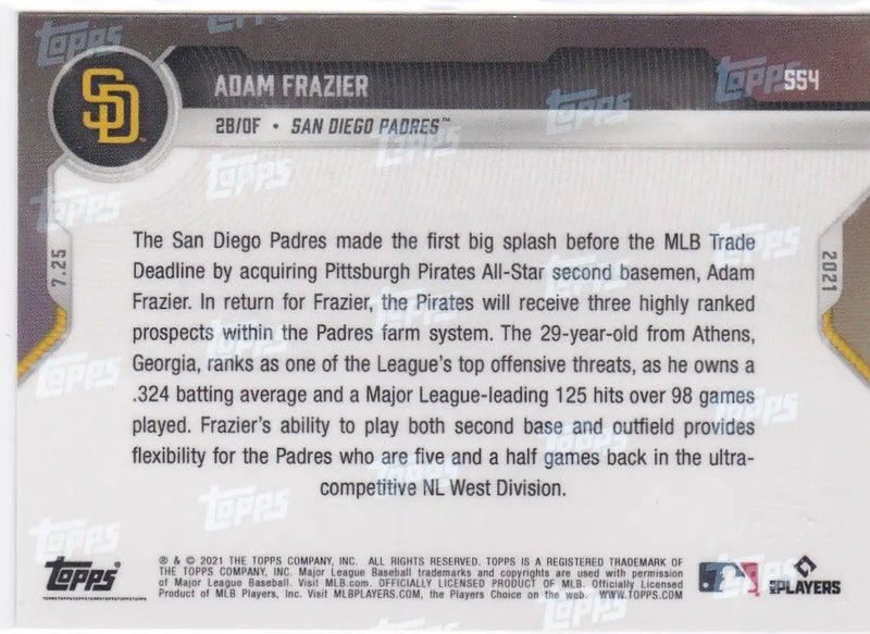 Back view of 2021 Topps Now Adam Fraizer San Diego Padres baseball card