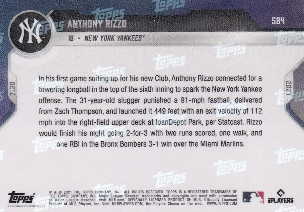 Back of 2021 Topps Now #584 Anthony Rizzo trading card for New York Yankees