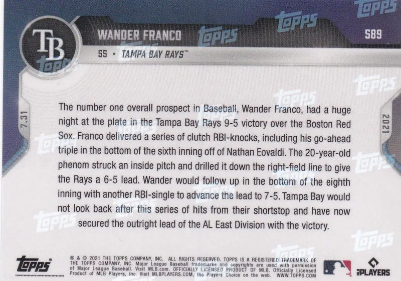 Baseball card back of 2021 Topps Now #589 Wander Franco Tampa Bay Rays collectible