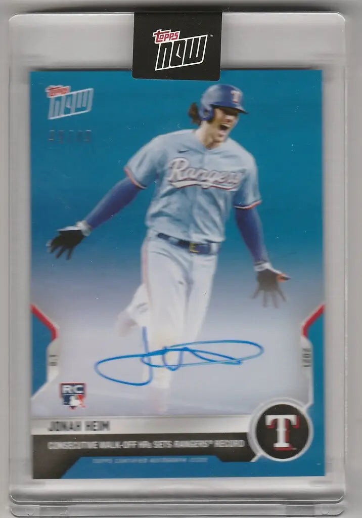 Baseball card of 602B Jonah Heim in light blue Texas Rangers uniform with autograph