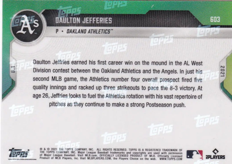 Daulton Jeffries baseball card from 2021 Topps Now featuring Oakland Athletics player