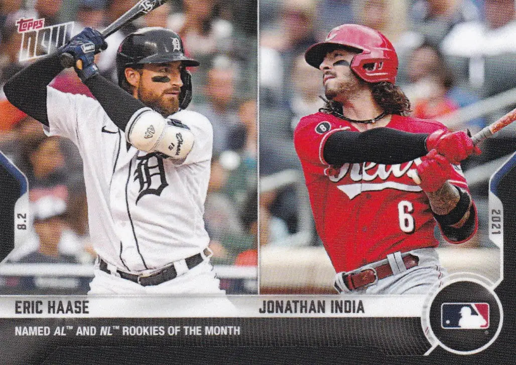 Baseball card of Eric Haase and Jonathan India from 2021 Topps Now #606 Eric Haase- MLB