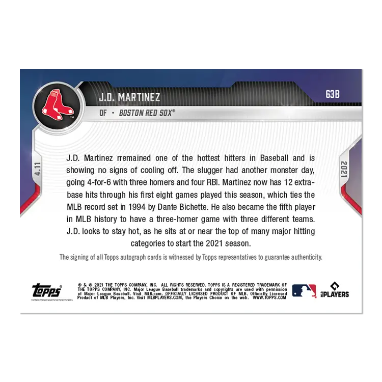 J.D. Martinez Boston Red Sox Autograph 2/49 from 2021 Topps Now #63B collectible card