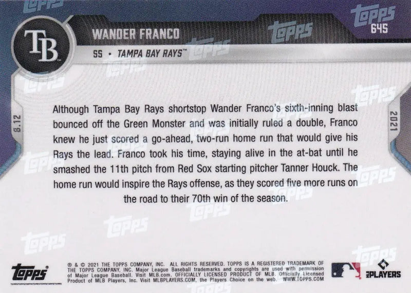 Wander Franco baseball card back from 2021 TOPPS NOW Tampa Bay Rays collectible
