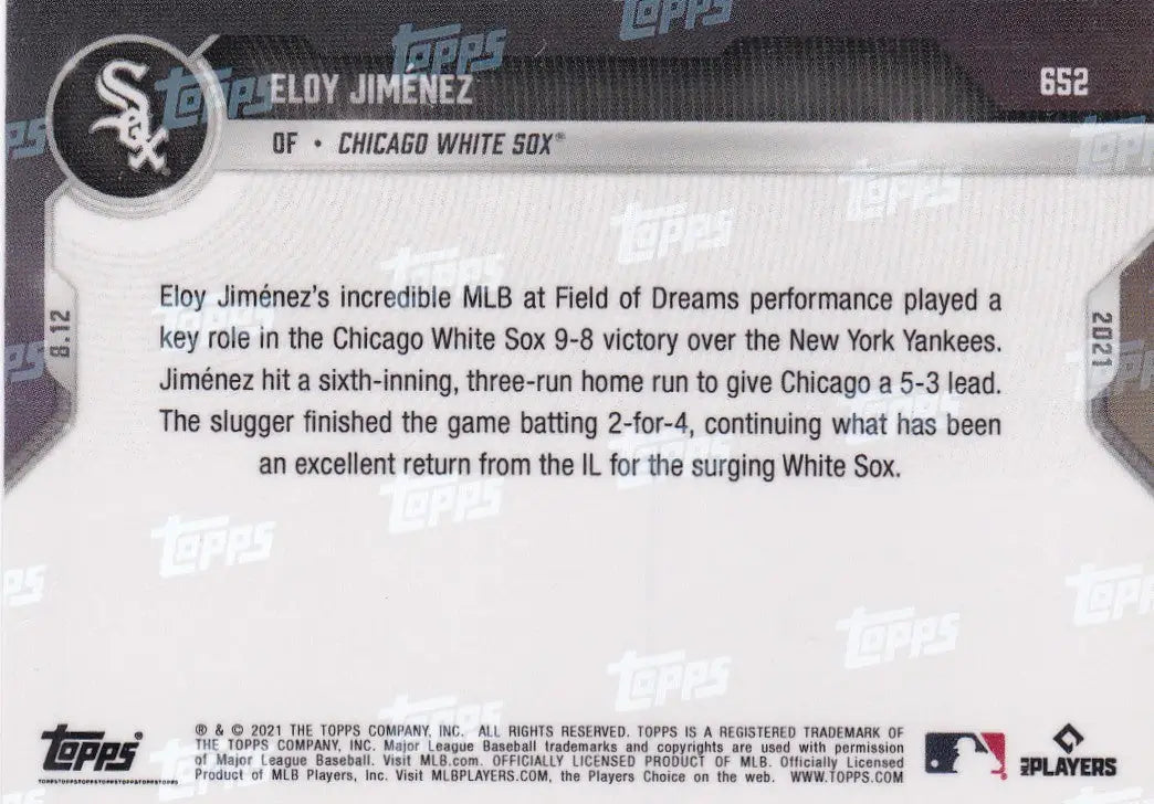 Eloy Jiménez baseball card back from 2021 Topps Now Chicago White Sox collectible