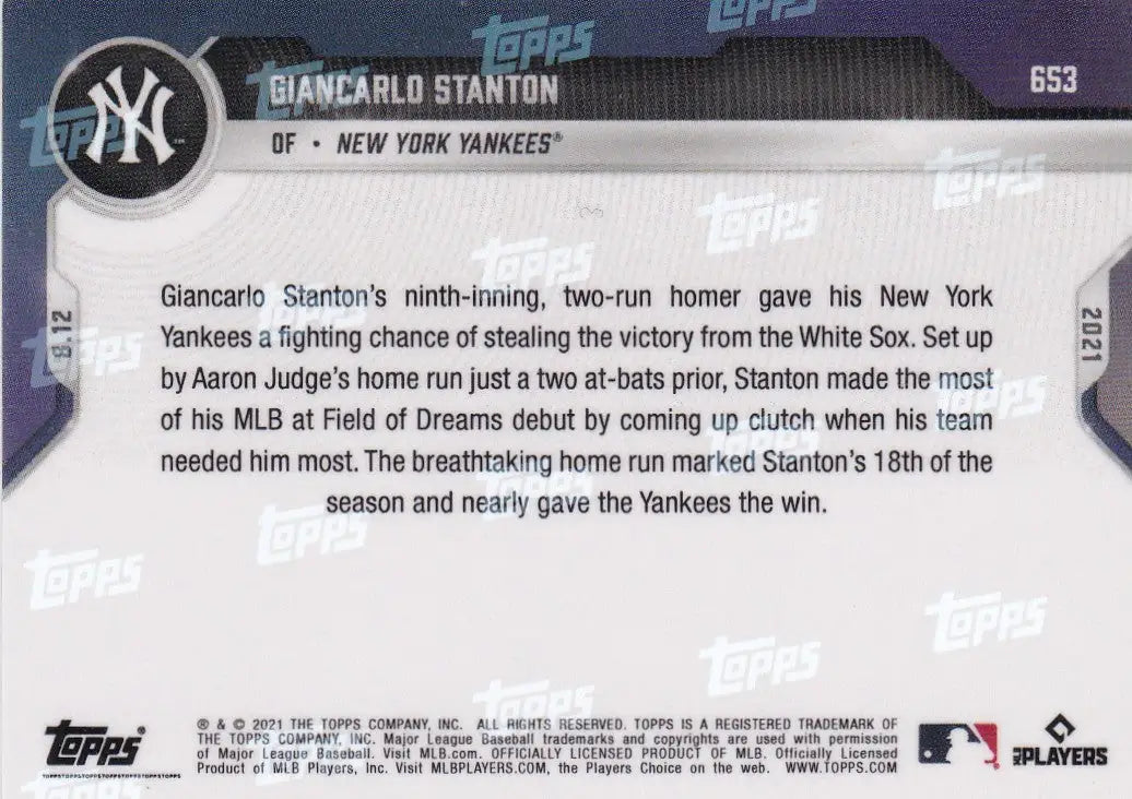 Back of 2021 TOPPS NOW #653 Giancarlo Stanton Baseball Card for New York Yankees fans