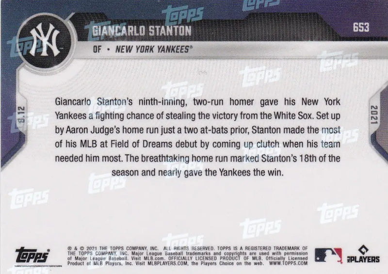 Back of 2021 TOPPS NOW #653 Giancarlo Stanton Baseball Card for New York Yankees fans