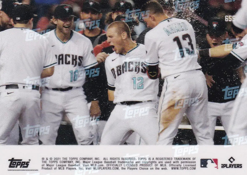 Baseball players celebrating, featuring Daulton Varsho from Arizona Diamondbacks