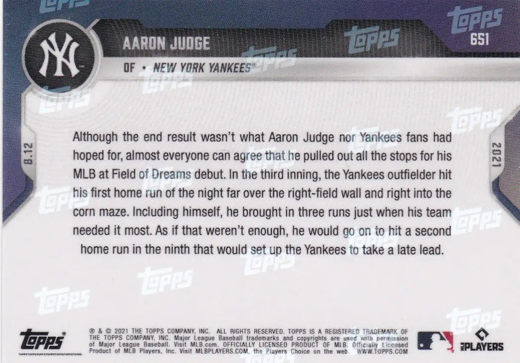Back of 2021 TOPPS NOW #658 Aaron Judge Baseball Card for New York Yankees collectors