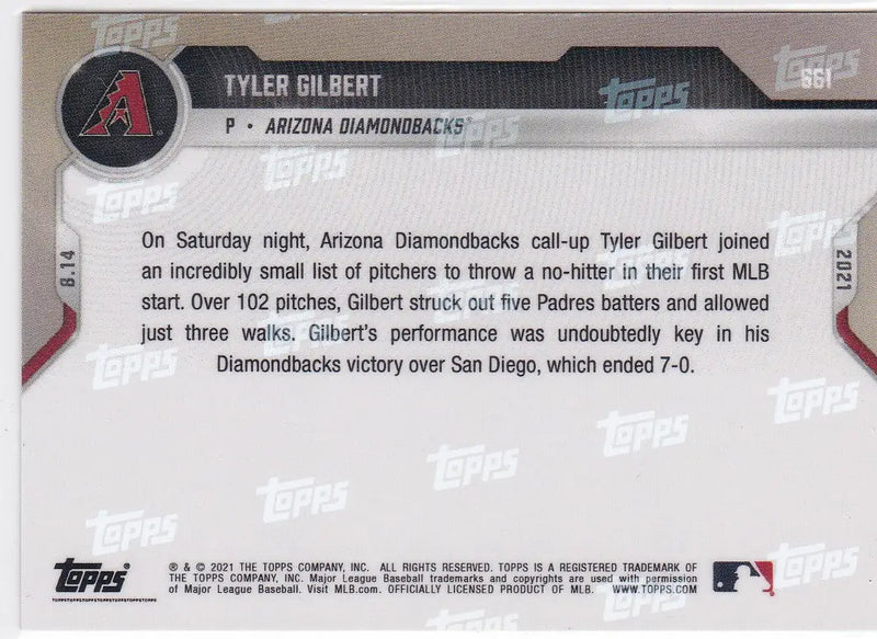 Tyler Gilbert baseball card from 2021 Topps Now featuring Arizona Diamondbacks player