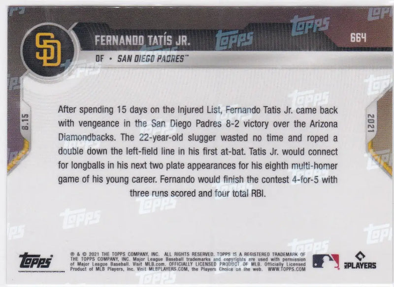 Fernando Tatis Jr. baseball card back for San Diego Padres collectors and fans
