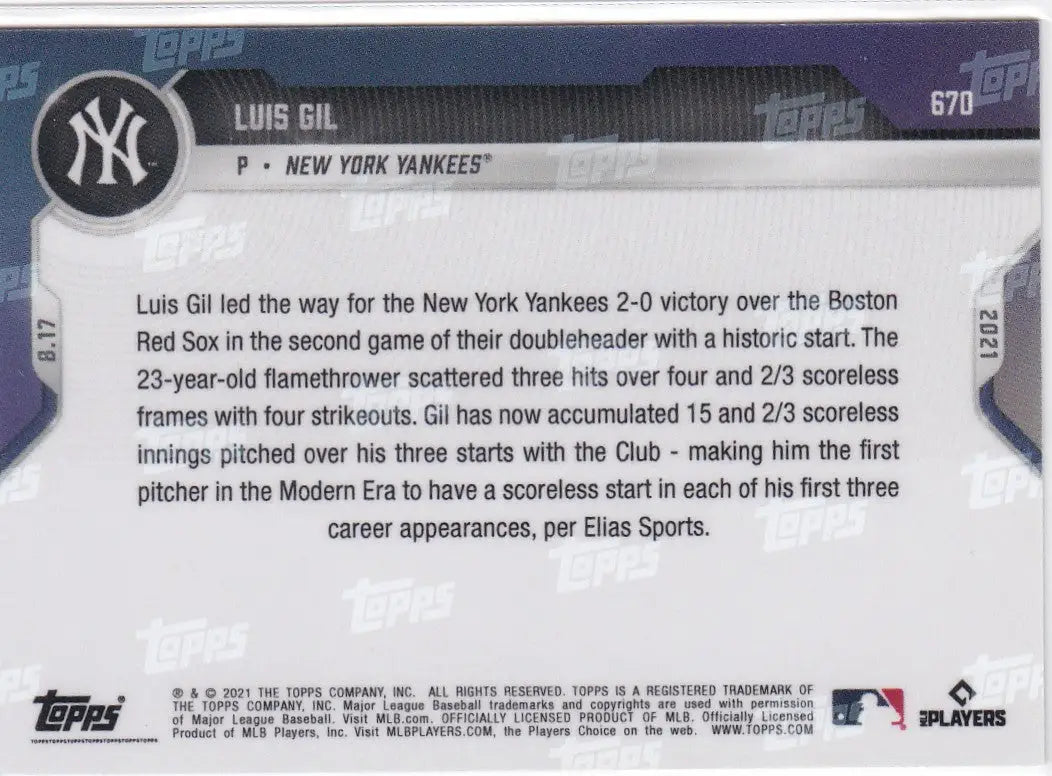 Luis Gil baseball card back from 2021 Topps Now featuring New York Yankees player