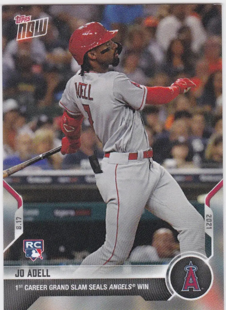 Jo Adell baseball card from 2021 Topps Now #673 featuring Adell - Angels trading cards