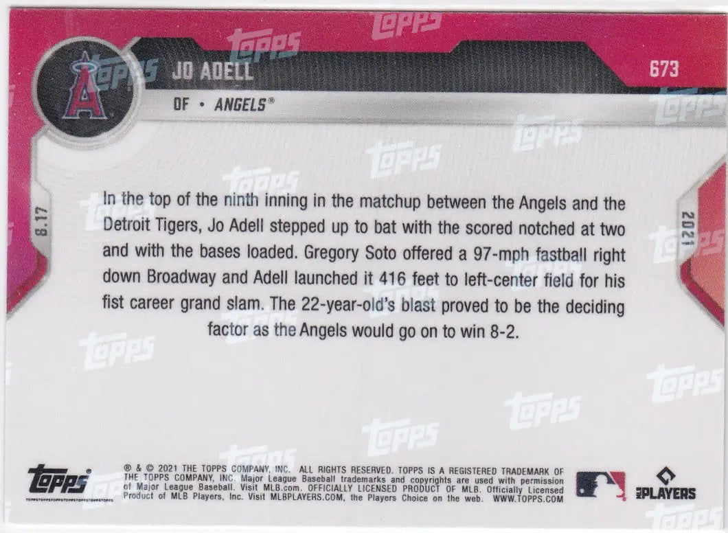 Back of 2021 TOPPS NOW #673 Jo Adell Angels baseball card showcasing trading stats