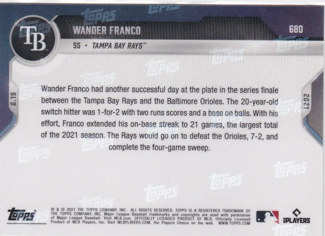 Wander Franco baseball card back from 2021 Topps Now Tampa Bay Rays collection