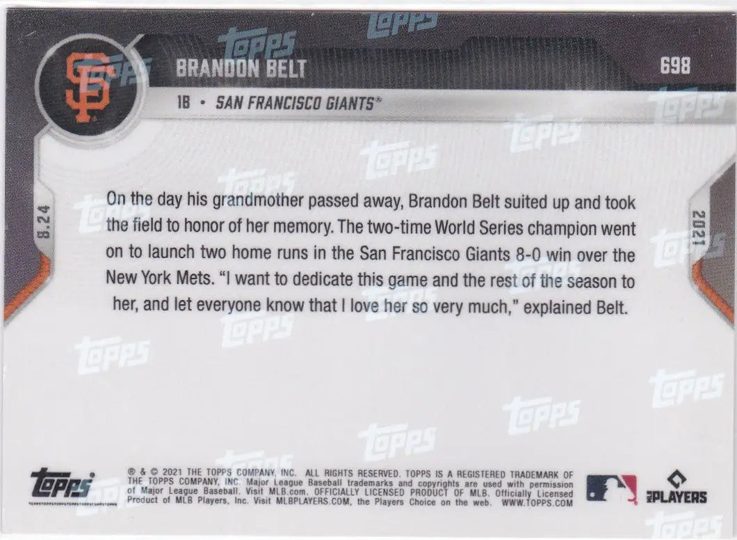 Baseball card back featuring 2021 TOPPS NOW Brandon Belt San Francisco Giants player