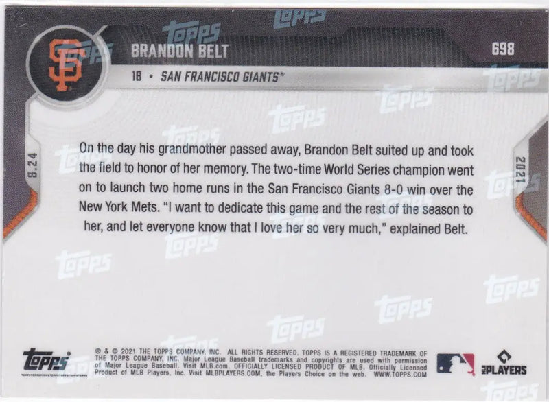 Baseball card back featuring 2021 TOPPS NOW Brandon Belt San Francisco Giants player