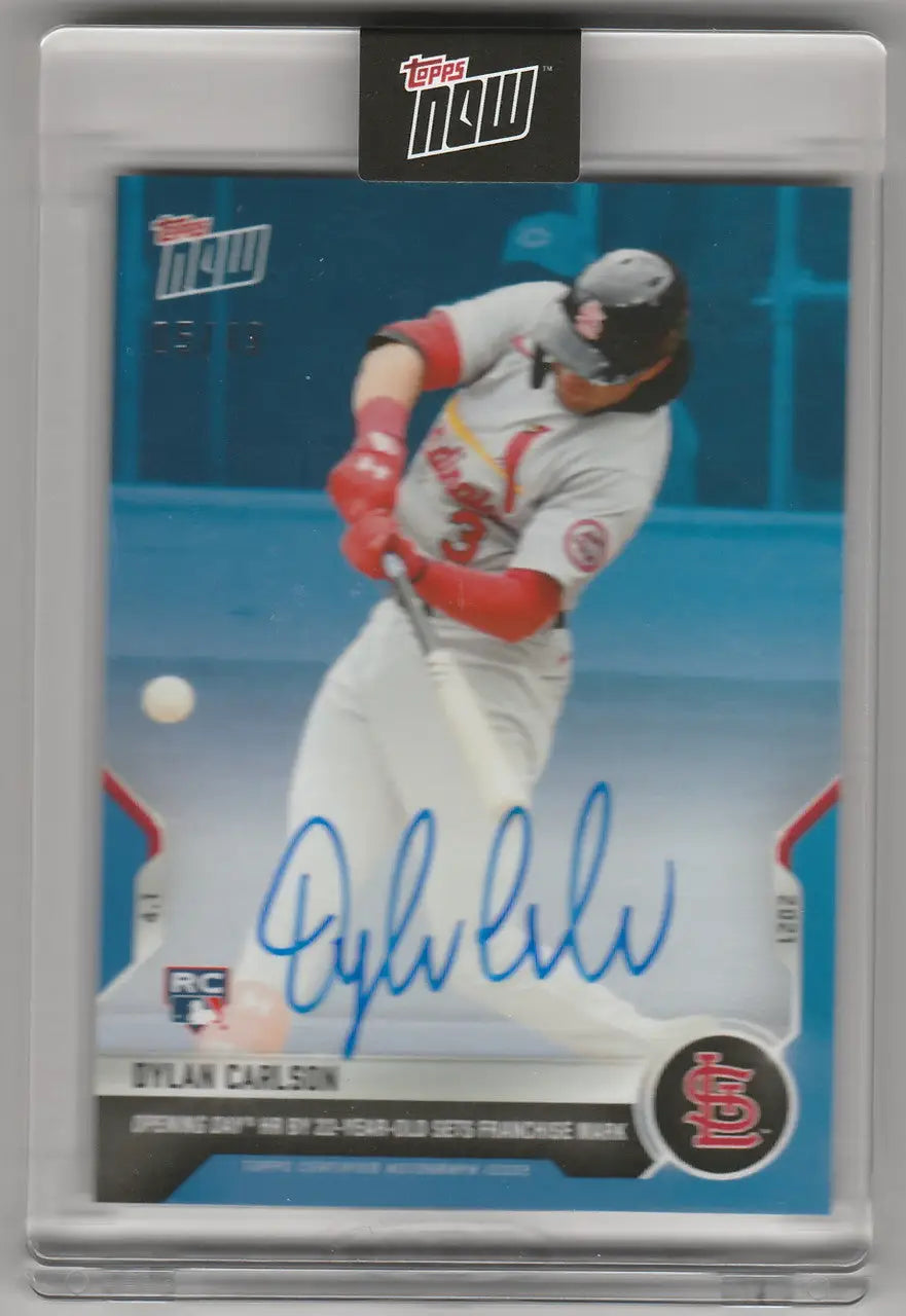 Dylan Carlson St. Louis Cardinals autograph baseball trading card featuring a bat swing