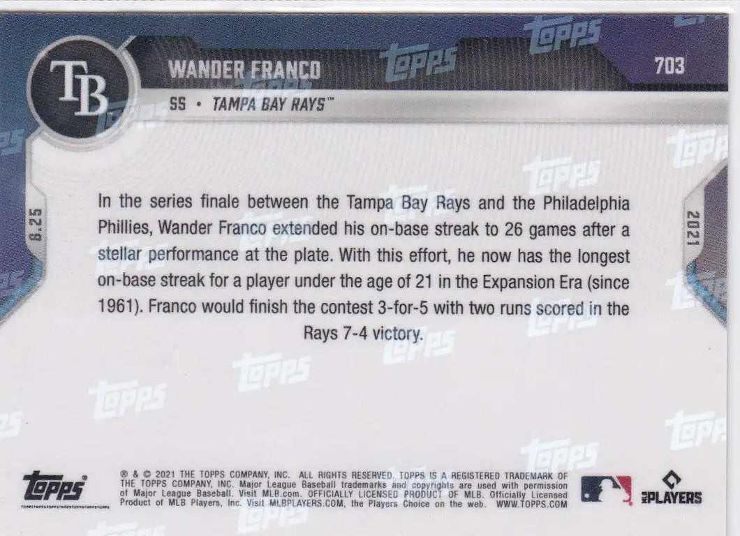 Wander Franco baseball card back from 2021 TOPPS NOW #703 Tampa Bay Rays product