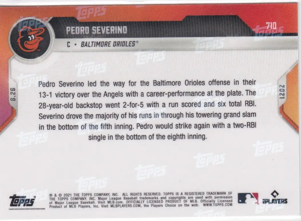 Baseball card back featuring Pedro Severino Baltimore Orioles 2021 TOPPS NOW #710