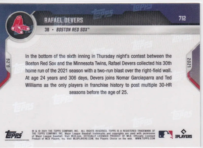 Baseball card back for 2021 TOPPS NOW Rafael Devers Boston Red Sox team collectible