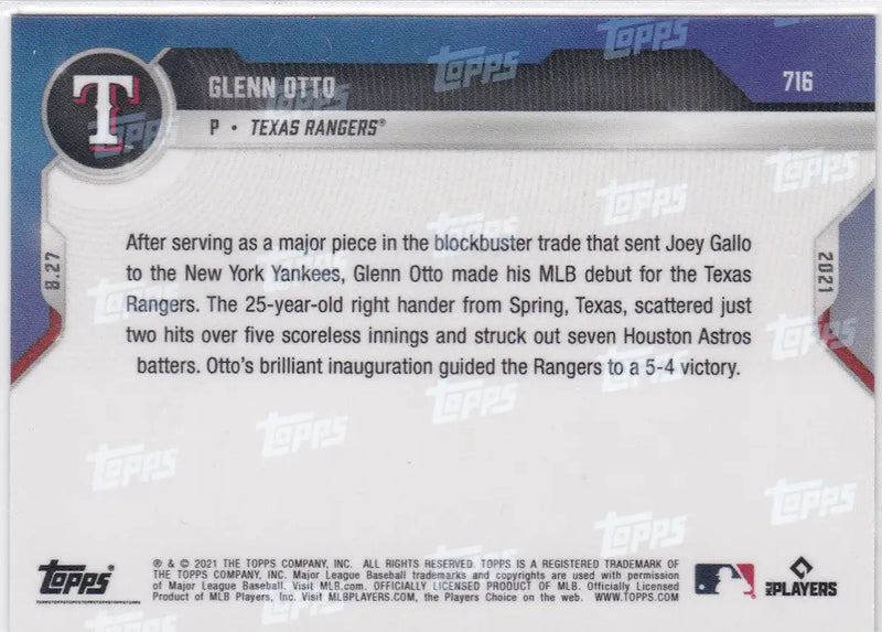 Glenn Otto baseball card back from 2021 TOPPS NOW Texas Rangers collection