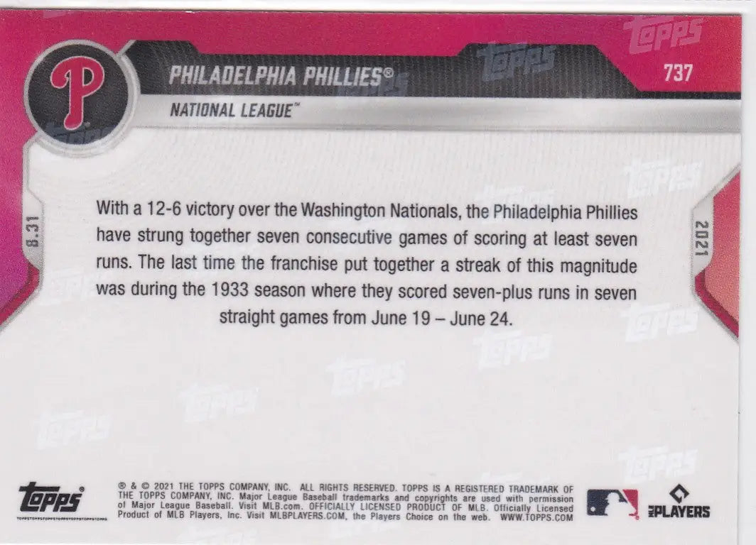 Baseball card back featuring Philadelphia Phillies from 2021 TOPPS NOW #737 series
