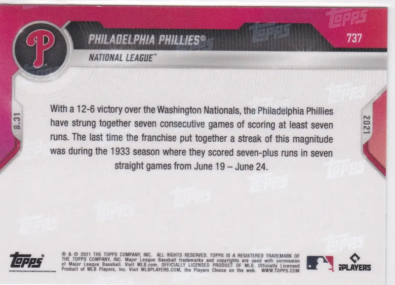 Baseball card back featuring Philadelphia Phillies from 2021 TOPPS NOW #737 series