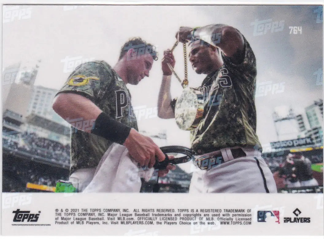 Baseball card featuring two players from the San Diego Padres team logo