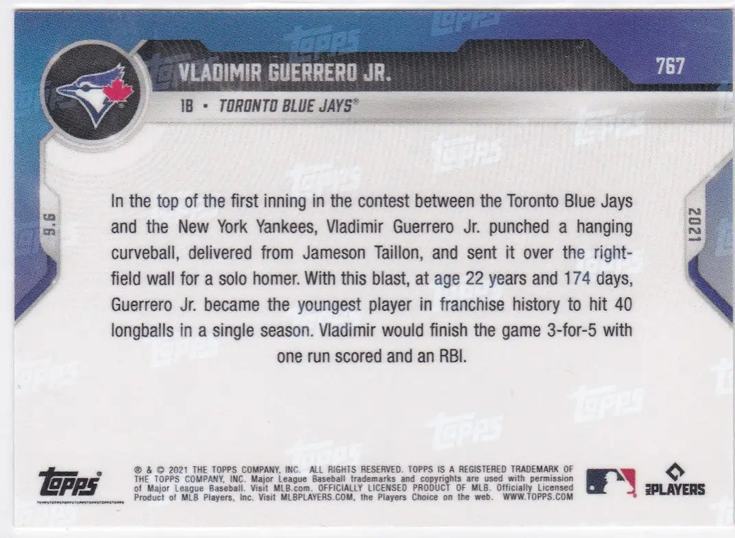 Vladimir Guerrero Jr baseball card back from 2021 TOPPS NOW featuring Toronto Blue Jays player