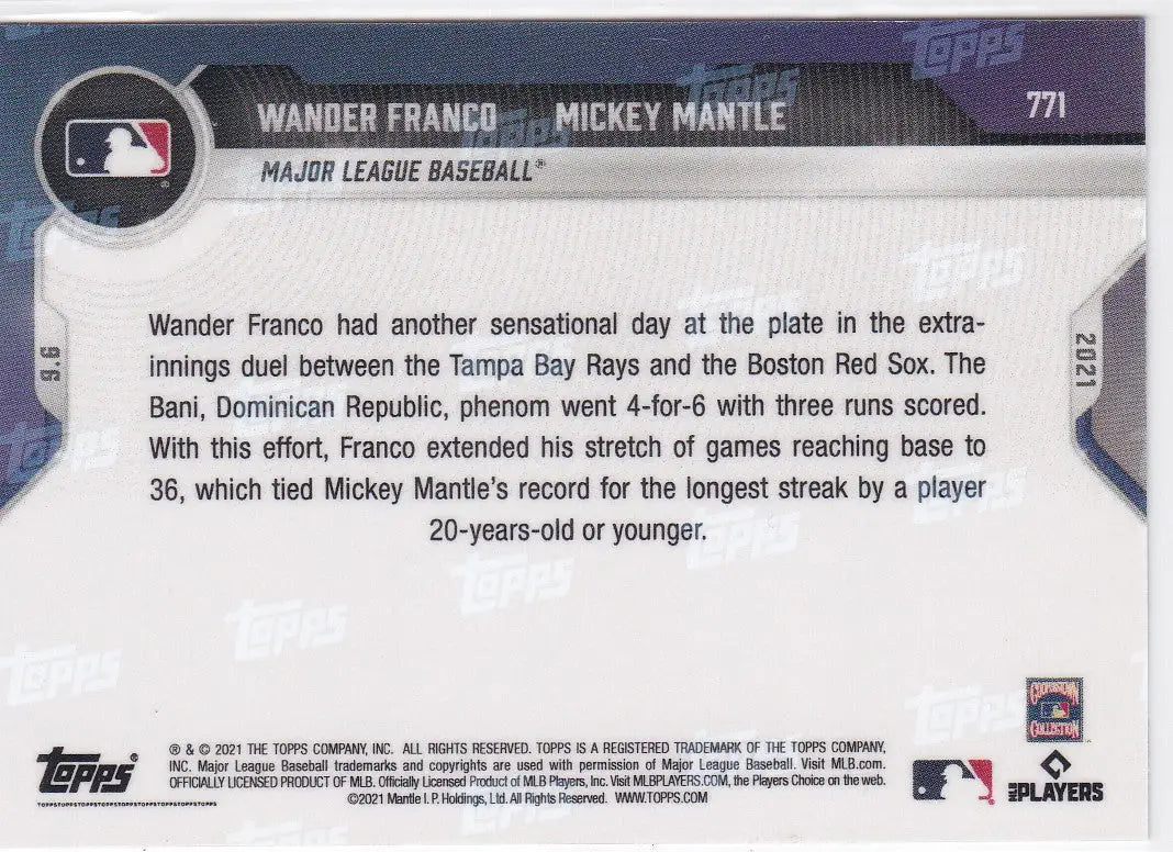Wander Franco baseball card from 2021 TOPPS NOW #771 featuring Wander Franco- MLB player