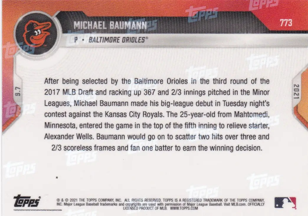 Baseball card back of Michael Baumann Baltimore Orioles 2021 TOPPS NOW #773