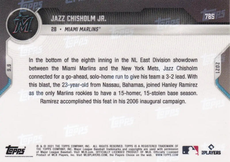 Baseball card back featuring Jazz Chisholm Jr Miami Marlins 2021 TOPPS NOW #785