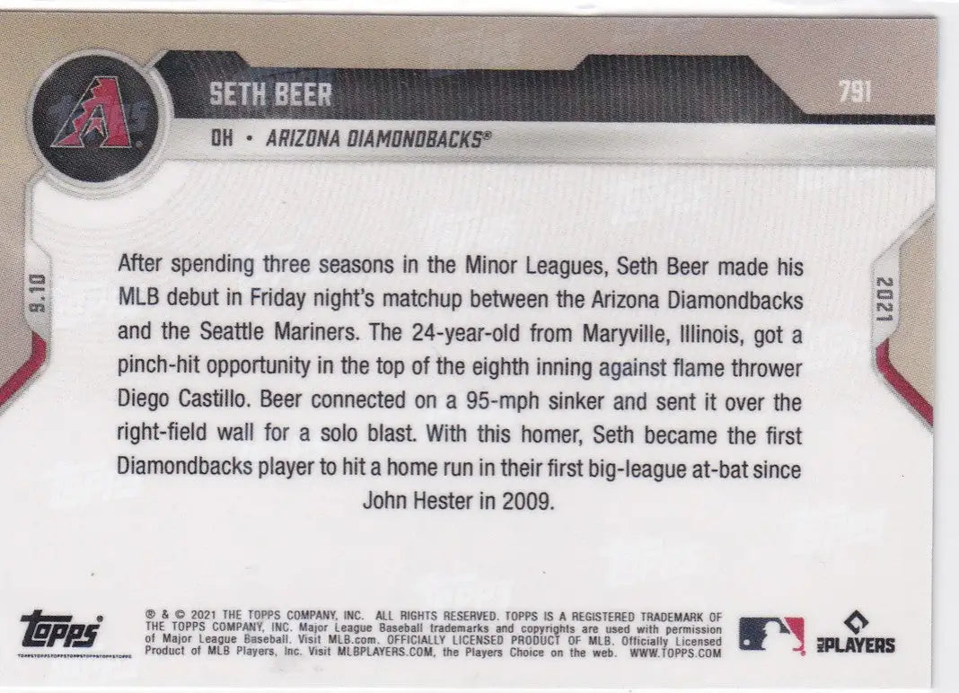 2021 TOPPS NOW SETH BEER ARIZONA DIAMONDBACKS baseball card featuring Seth Beer Arizona