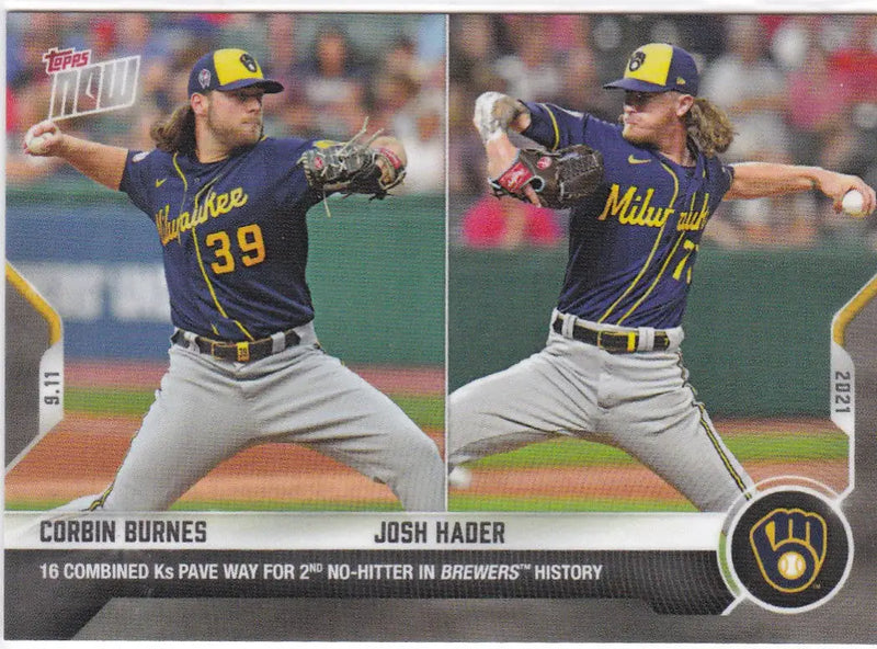 Baseball card featuring Corbin Burnes and Josh Hader from 2021 TOPPS NOW Milwaukee Brewers collection