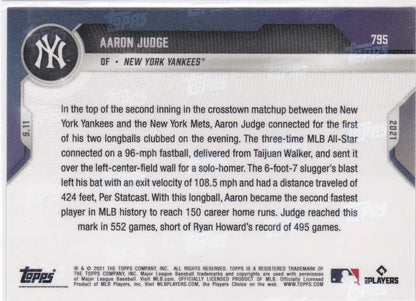 Back of Aaron Judge baseball card from 2021 TOPPS NOW YORK YANKEES series