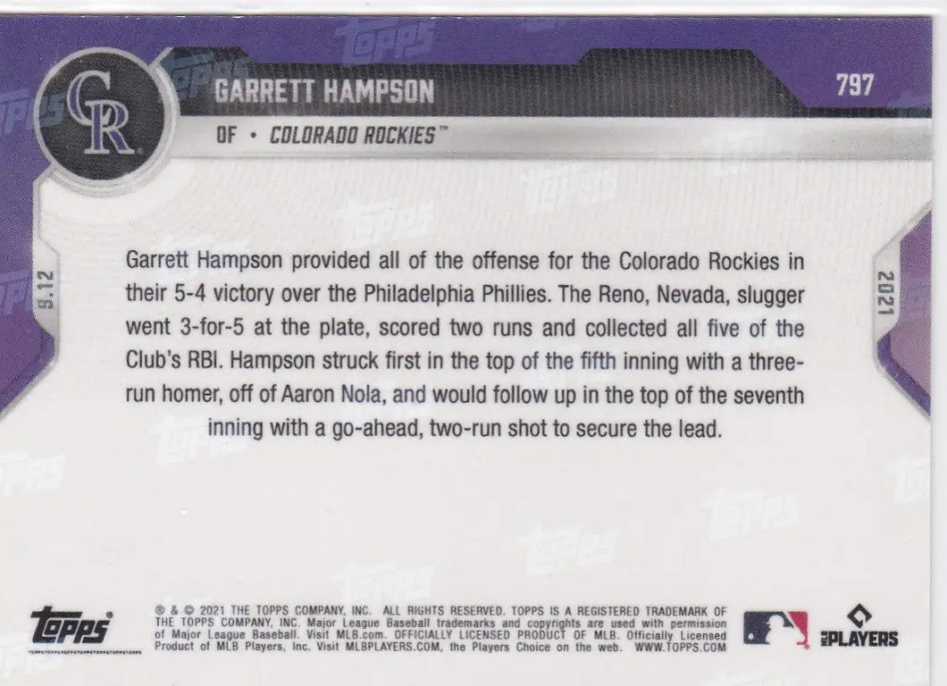 Baseball card back of Garrett Hampson Colorado Rockies 2021 TOPPS NOW #797