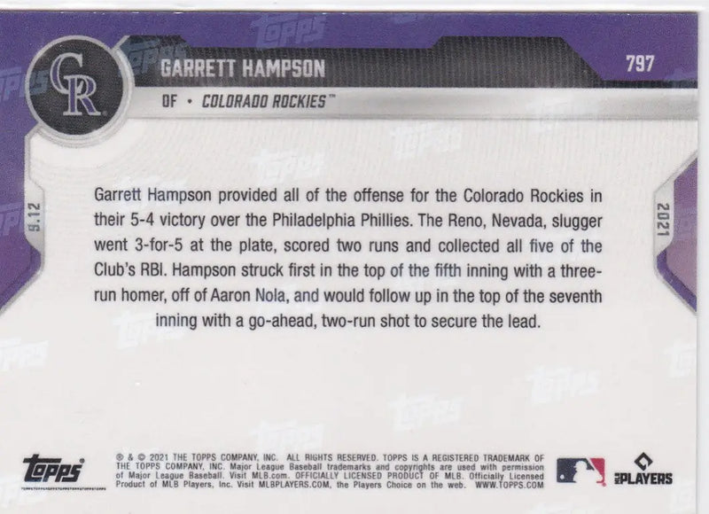Baseball card back of Garrett Hampson Colorado Rockies 2021 TOPPS NOW #797