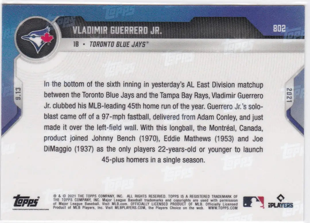 Back of 2021 TOPPS NOW #802 Vladimir Guerrero Jr Toronto Blue Jays baseball card