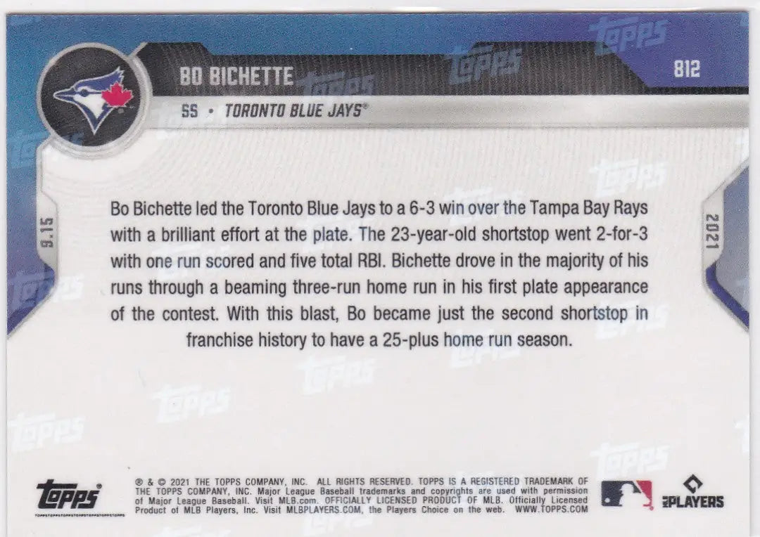 Baseball card back of Bo Bichette from 2021 TOPPS NOW #812 Toronto Blue Jays
