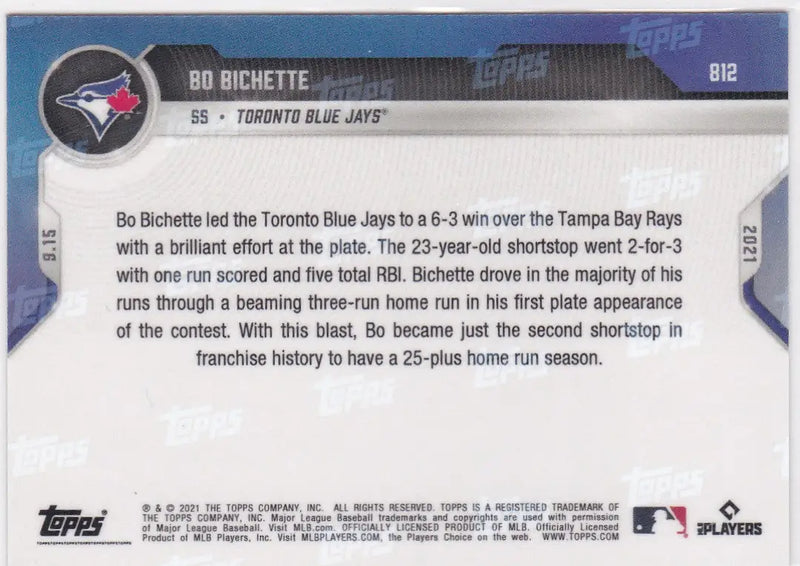 Baseball card back of Bo Bichette from 2021 TOPPS NOW #812 Toronto Blue Jays