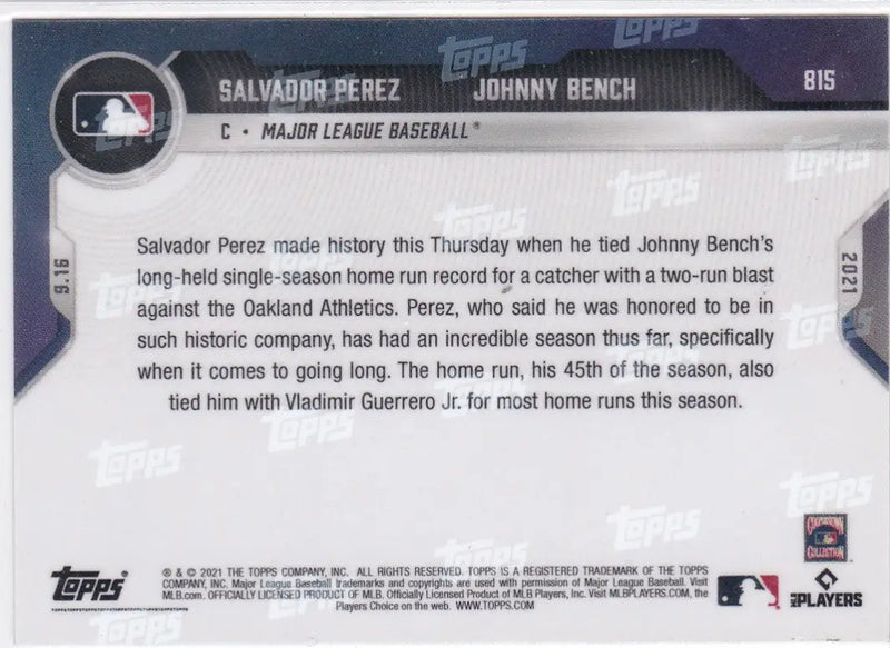 Baseball card back featuring Salvador Perez- MLB from 2021 TOPPS NOW #815