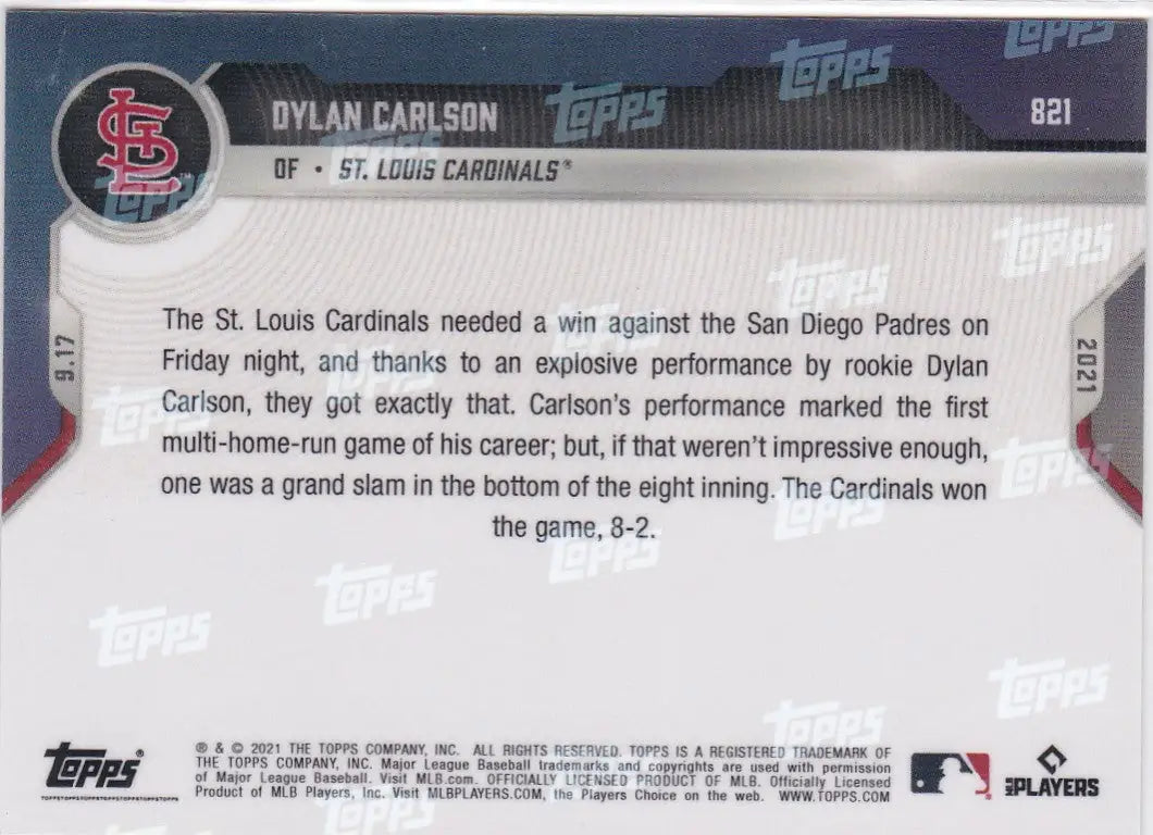 Baseball card back featuring Dylan Carlson of the St Louis Cardinals from 2021 TOPPS NOW