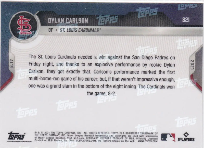 Baseball card back featuring Dylan Carlson of the St Louis Cardinals from 2021 TOPPS NOW