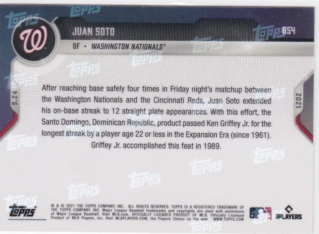 Juan Soto baseball card back from 2021 TOPPS NOW #842 Washington Nationals featuring Josiah Gray Washington